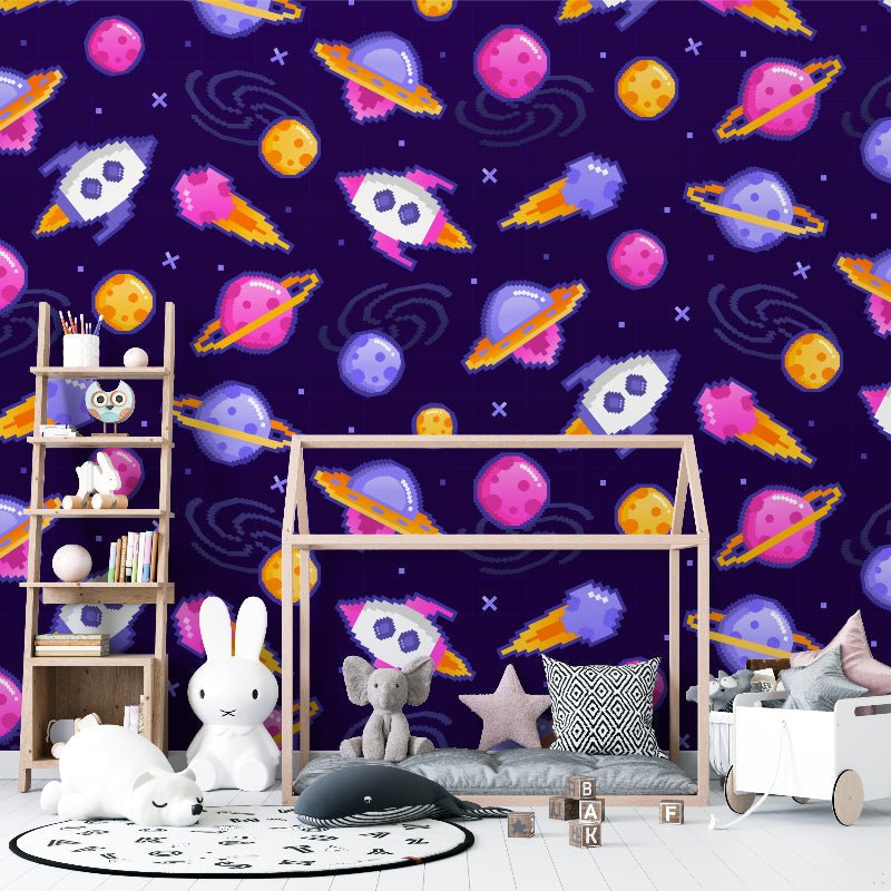 Space Adventure Pixel Art Mural Wallpaper featured in children's play area with house-frame bed