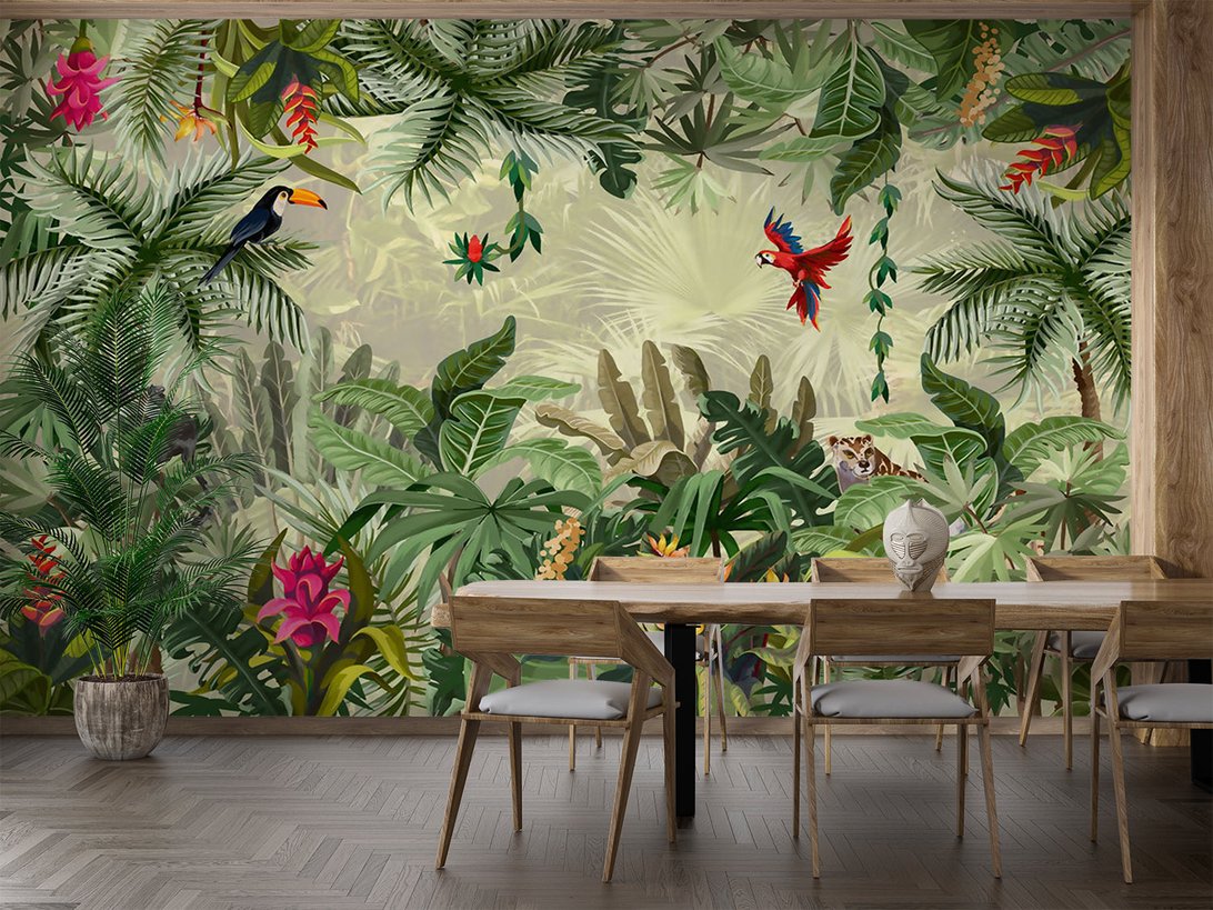 Jungle paradise wall mural in minimalist interior setting