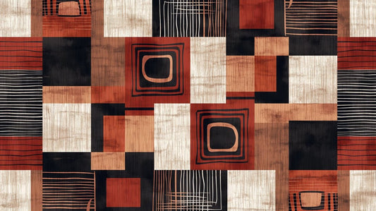 Modern geometric mural wallpaper with abstract terracotta and black pattern featuring squares and linear designs