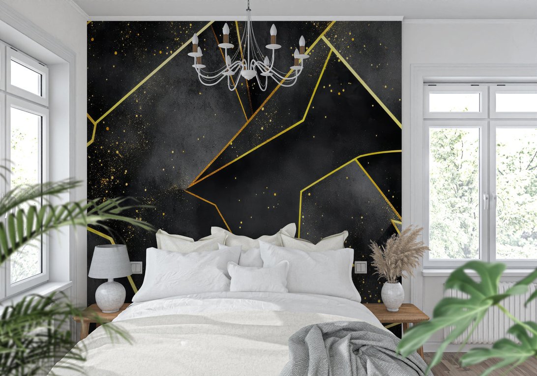 Detailed view of black and gold geometric mural wallpaper pattern