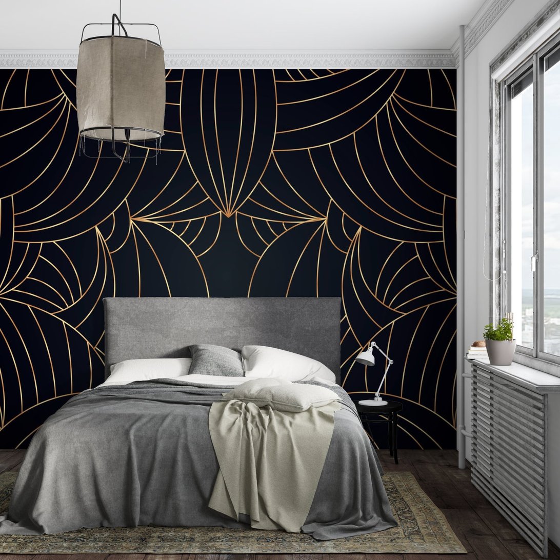 Art Deco mural wallpaper with gold geometric pattern in contemporary bedroom setting