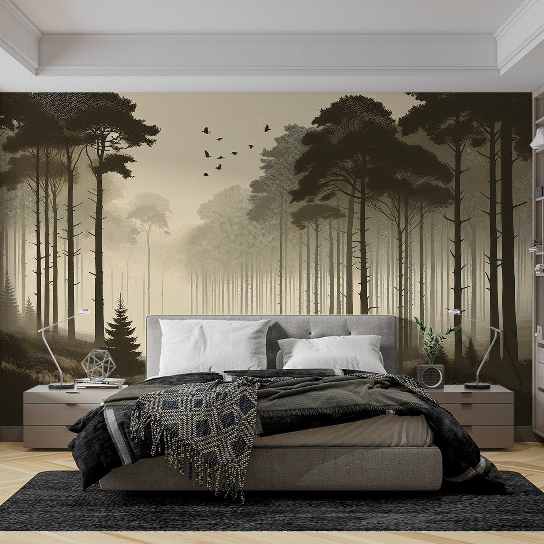 Forest mural wallpaper with majestic pines in morning mist shown in modern bedroom setting