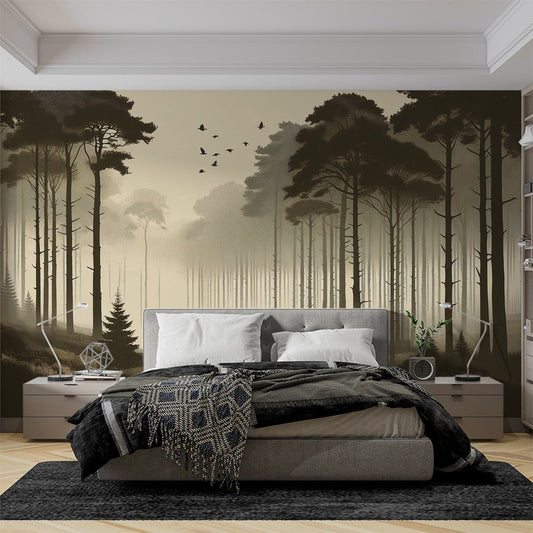 Forest mural wallpaper with majestic pines in morning mist shown in modern bedroom setting