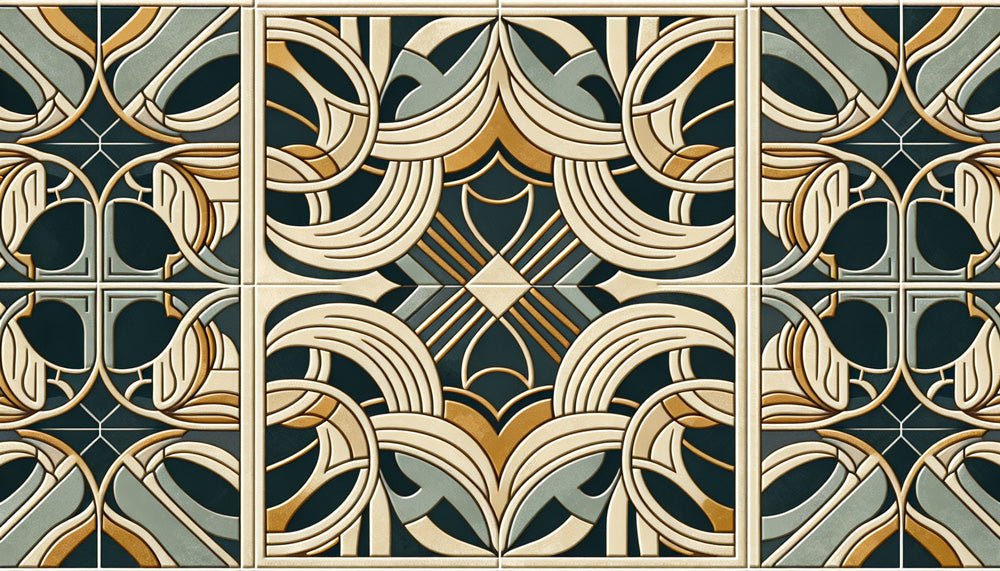 Detailed view of Art Deco geometric pattern mural wallpaper with emerald green and gold motifs