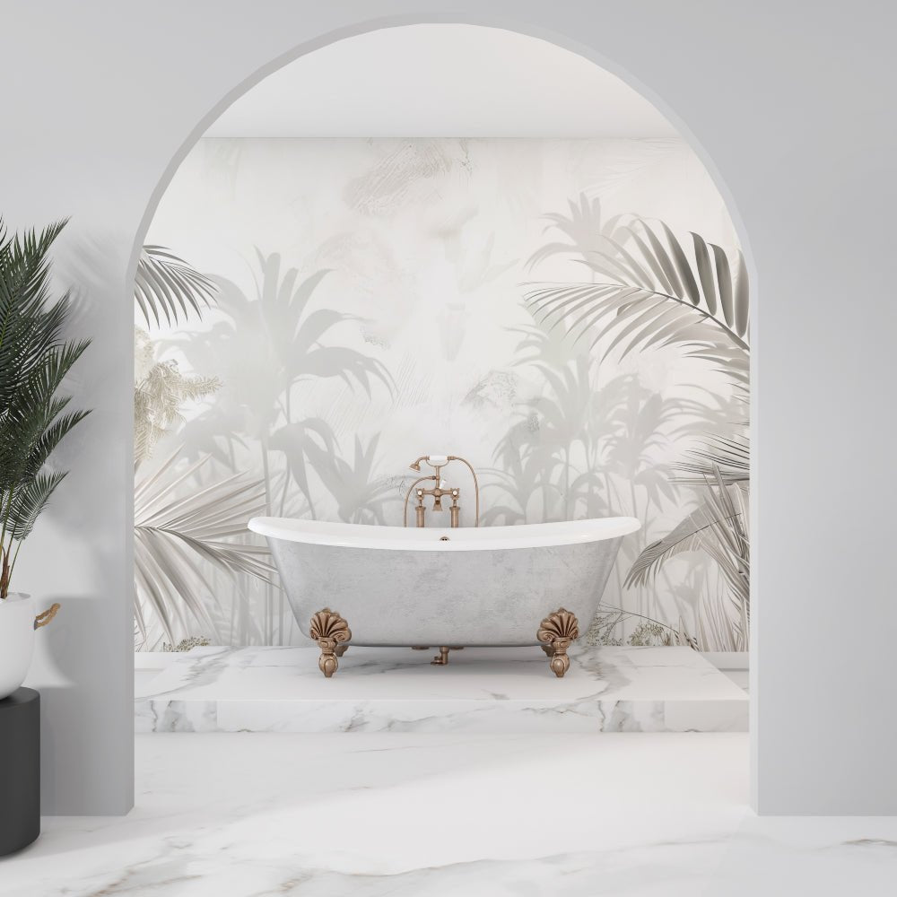 Luxurious clawfoot bathtub with tropical palm leaves wallpaper backdrop
