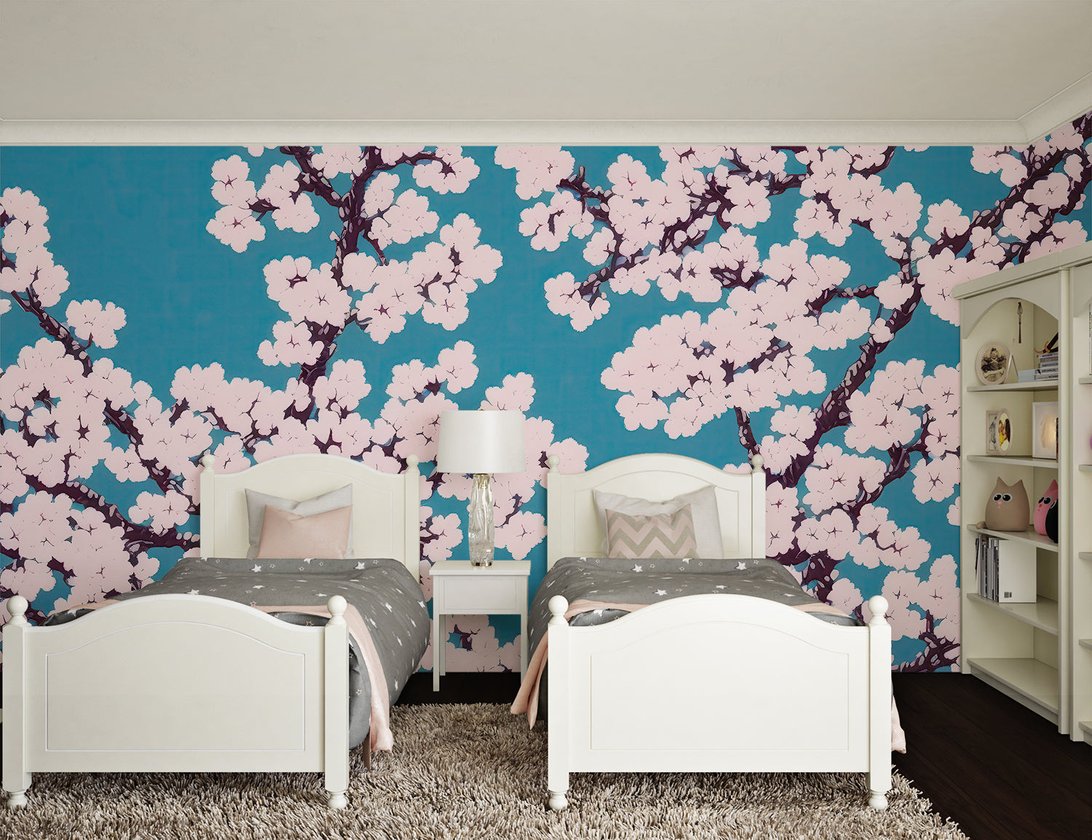 Close-up of cherry blossom wallpaper pattern showing detailed sakura blooms