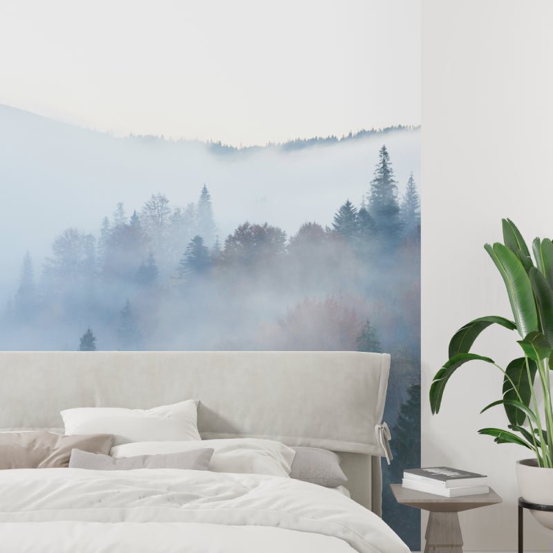 Detailed view of misty mountain forest mural wallpaper installation
