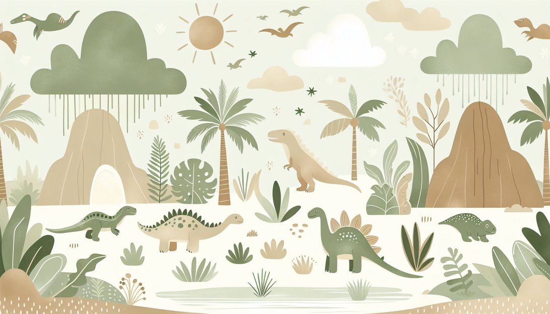 Close-up view of dinosaur mural wallpaper showing detailed prehistoric landscape with palm trees and gentle dinosaurs
