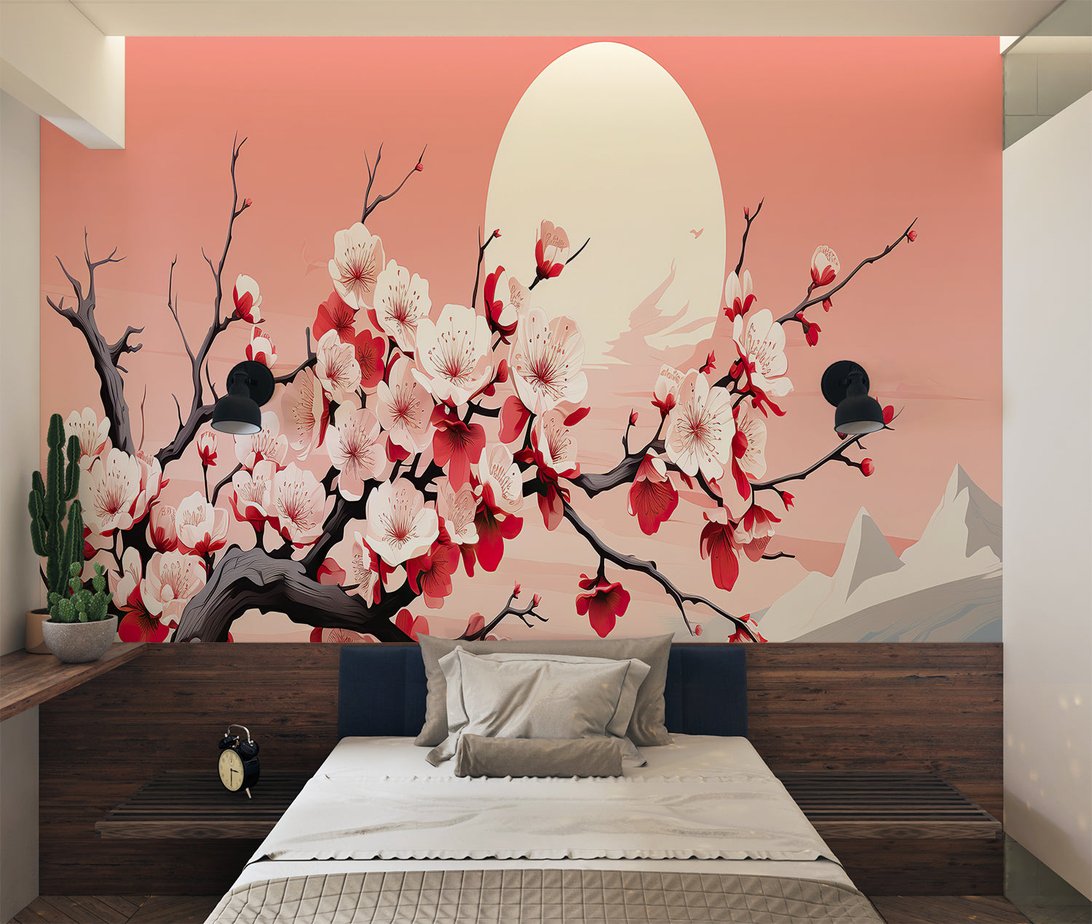 Japanese cherry blossom mural wallpaper in modern bedroom with cactus plant and full moon design