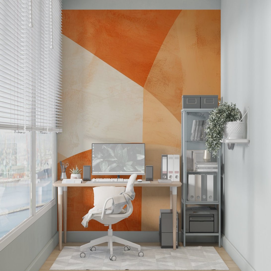 Geometric pattern mural wallpaper with warm earth tones in modern home setting