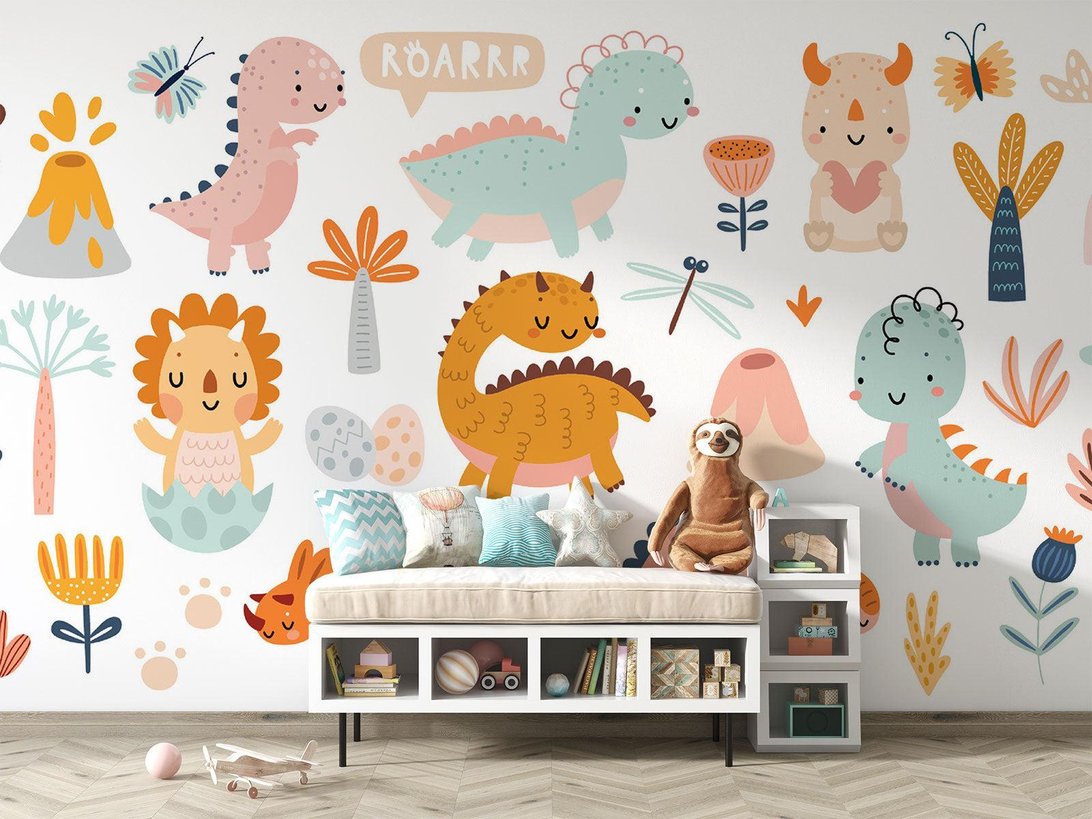 Cute dinosaur mural wallpaper with pastel colors and playful designs in a modern nursery setting