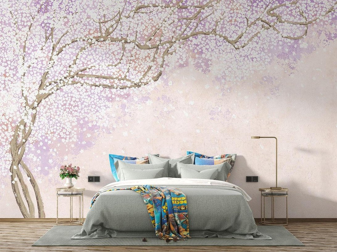 Japanese Cherry Blossom mural wallpaper in modern bedroom with blue accents