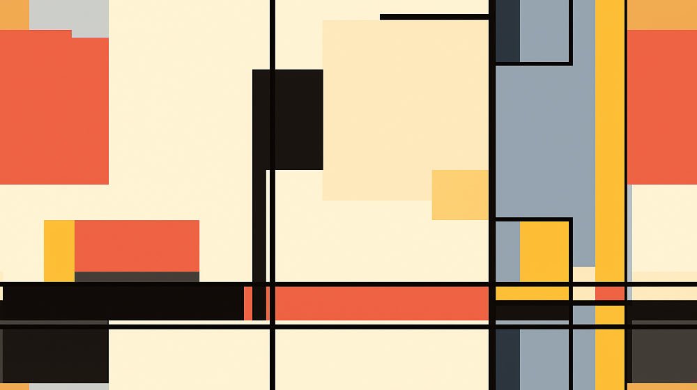 Close-up of Modern Mondrian geometric mural wallpaper pattern showing multicolor blocks and black lines