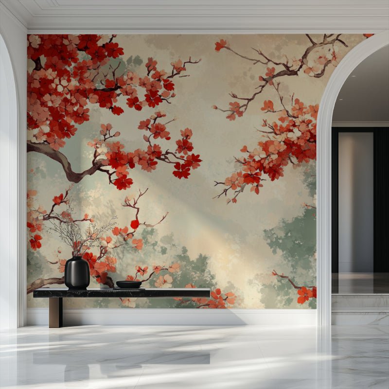 Japanese Cherry Blossom mural wallpaper featuring red and beige sakura branches against a misty background