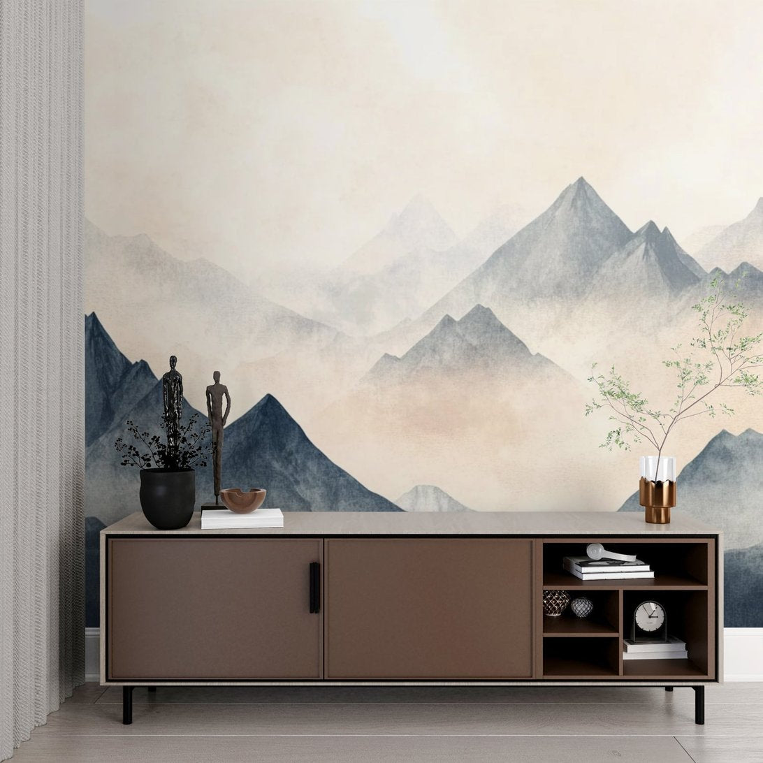 Mountain landscape mural wallpaper showcased with contemporary brown sideboard and decor