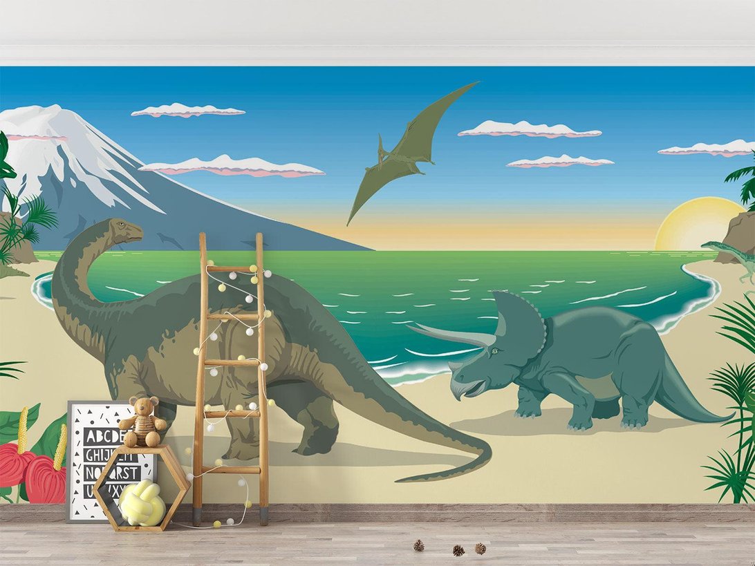 Detail of dinosaur mural showing Pteranodon flying over ocean landscape