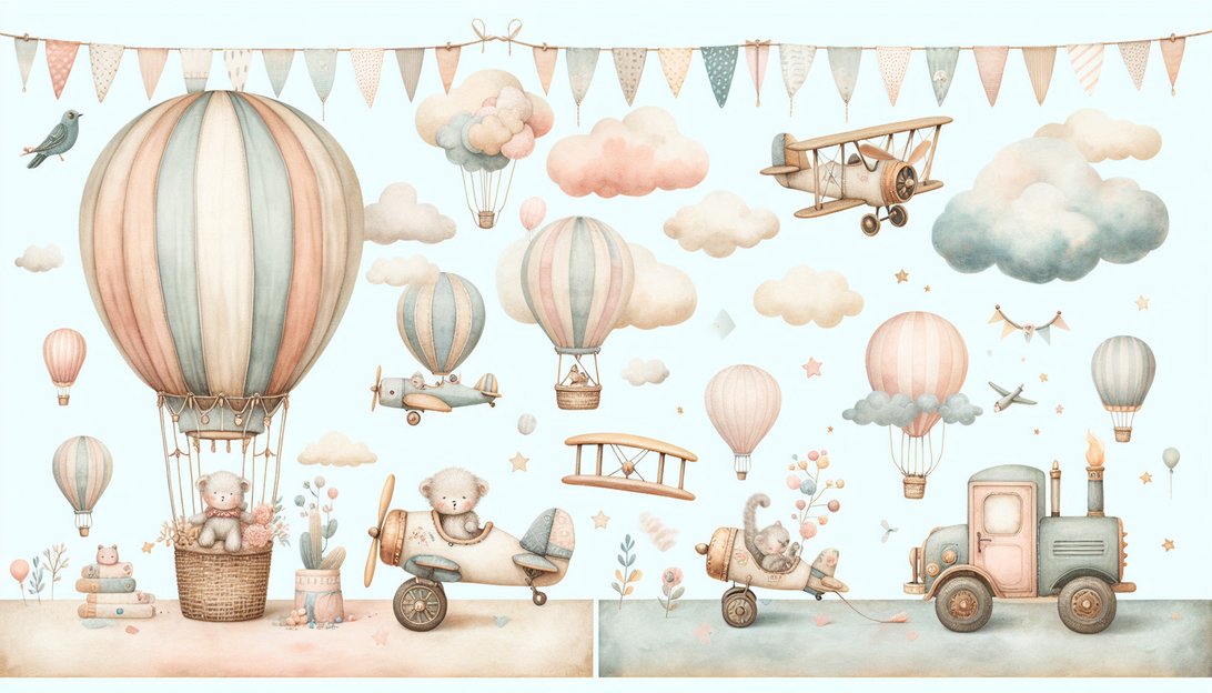Panoramic view of nursery mural wallpaper featuring teddy bears in hot air balloons and vintage vehicles