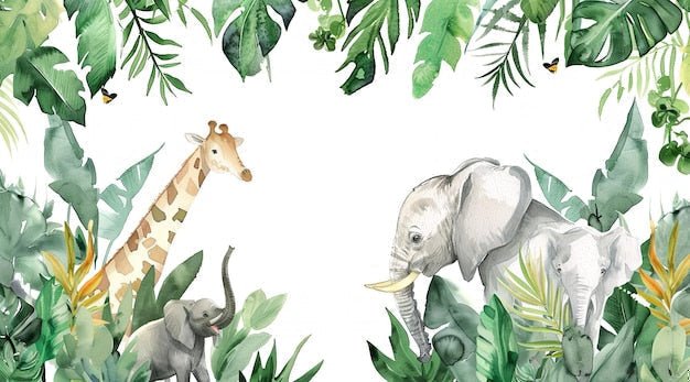 Close-up of jungle wallpaper design showing watercolor detail of safari animals