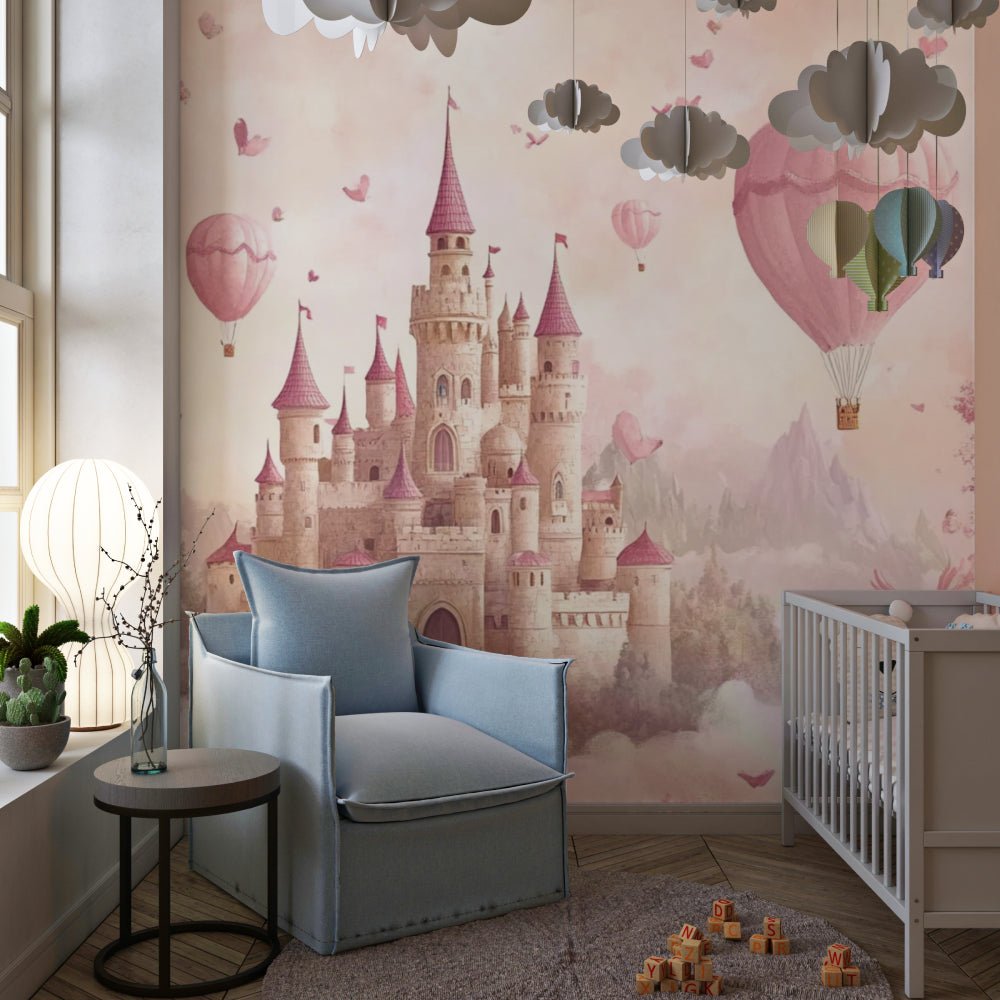 Enchanted castle wallpaper mural with floating clouds and pink butterflies in nursery setting