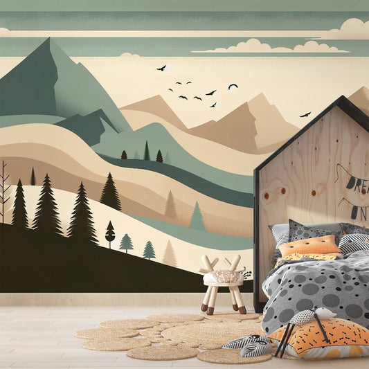 Sage green mountain mural wallpaper in minimalist Scandinavian style shown in children's bedroom setting