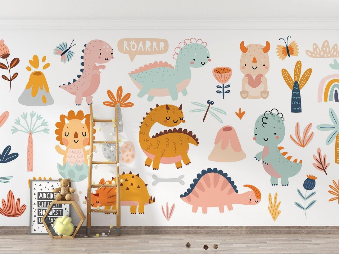 Close-up view of pastel dinosaur mural wallpaper with decorative nature elements and playful designs