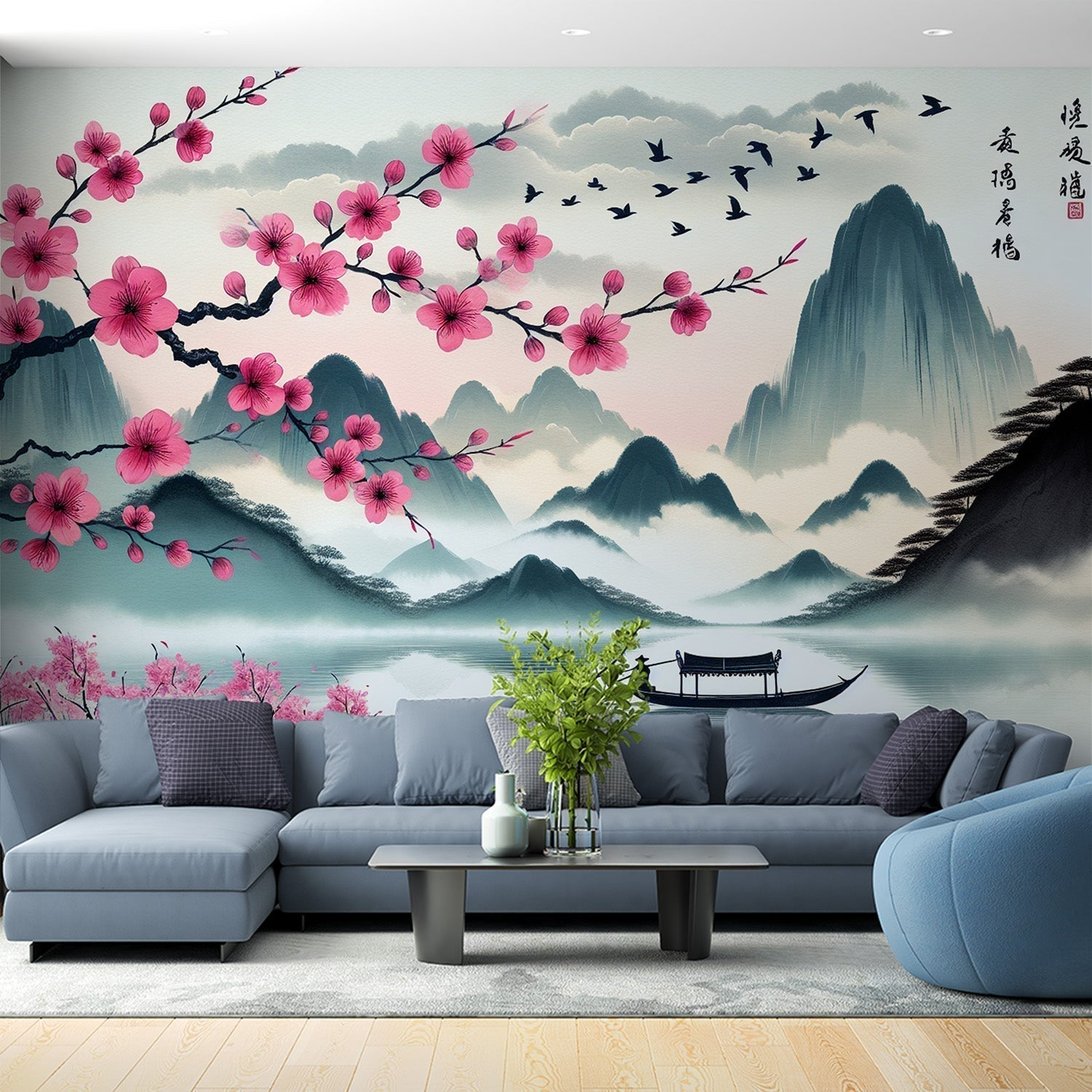 Japanese cherry blossom mural wallpaper with pink flowers, misty mountains and traditional boat on calm lake