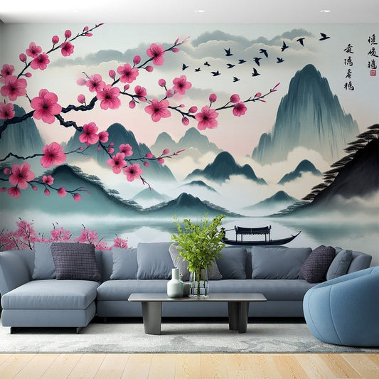 Japanese cherry blossom mural wallpaper with pink flowers, misty mountains and traditional boat on calm lake