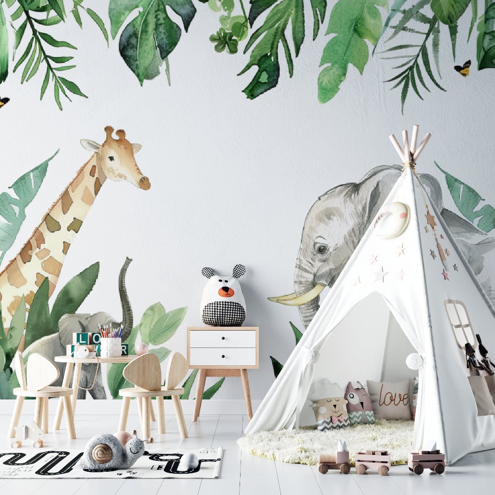 Jungle theme mural wallpaper featuring watercolor safari animals and tropical leaves with teepee play area