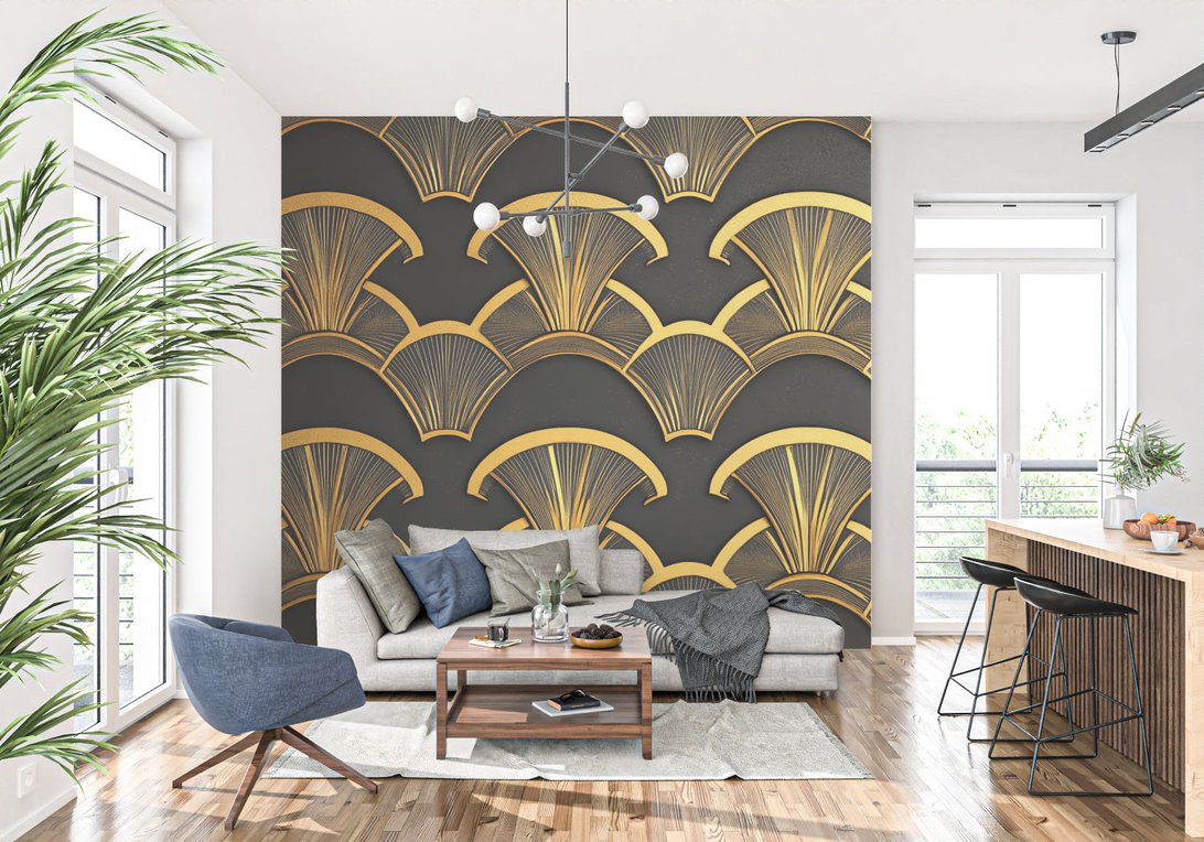 Luxurious Art Deco fan pattern wallpaper showcased in modern interior