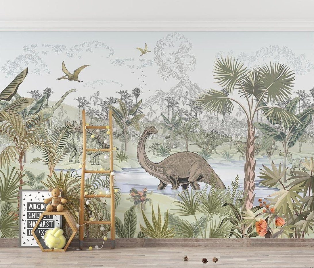 Dinosaur mural wallpaper showing peaceful prehistoric scene with brachiosaurus and tropical vegetation