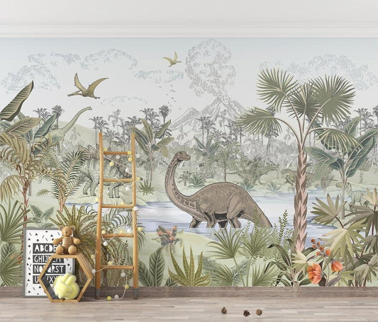 Dinosaur mural wallpaper showing peaceful prehistoric scene with brachiosaurus and tropical vegetation