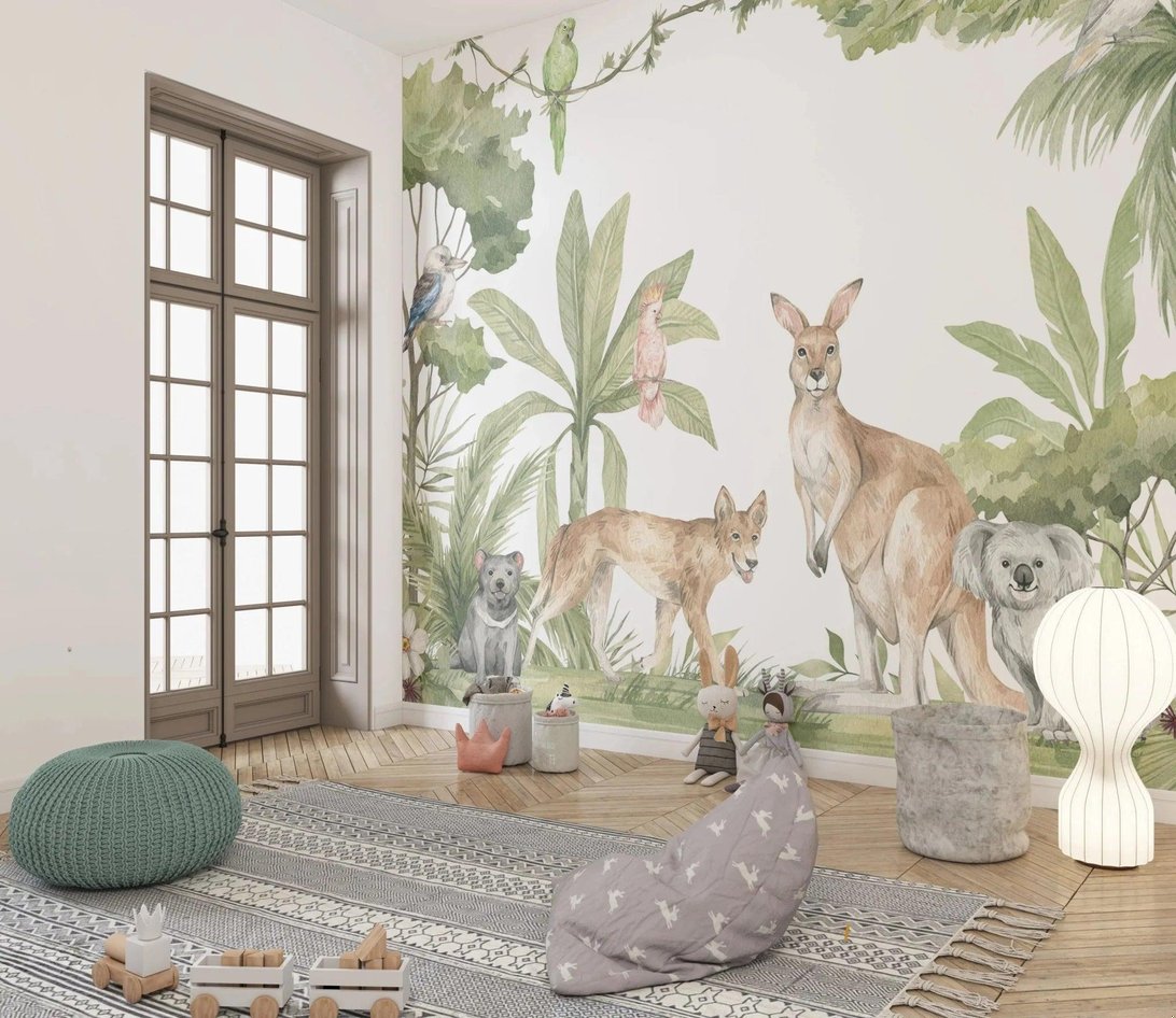 Australian animals mural wallpaper with watercolor kangaroos and koalas in a nursery setting