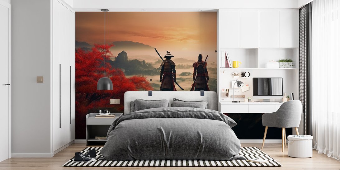 Japanese-themed wall mural showing autumn landscape