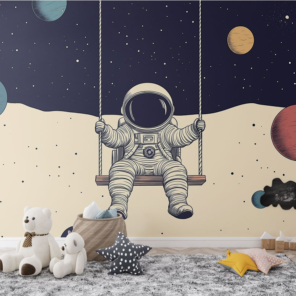 Space Explorer mural wallpaper showing astronaut on swing with planets in nursery setting