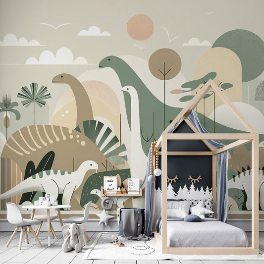 Dinosaur mural wallpaper in Nordic style featuring gentle beige and sage green tones, shown in a modern children's bedroom setting