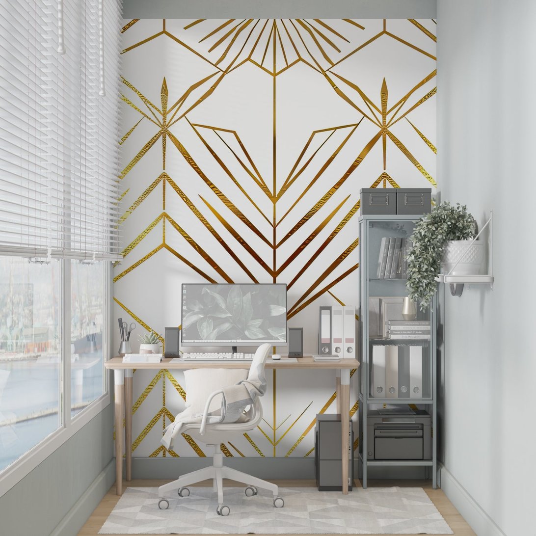 Art Deco geometric mural wallpaper with gold pattern in modern home office setting