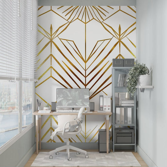 Art Deco geometric mural wallpaper with gold pattern in modern home office setting