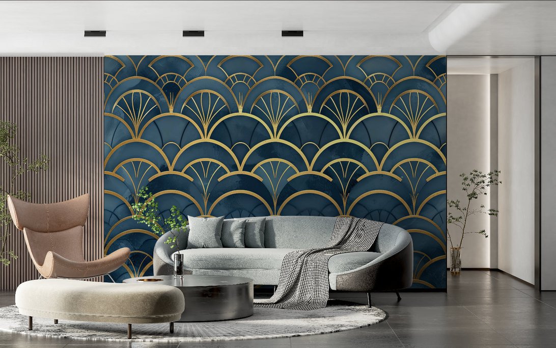 Art Deco fan pattern wallpaper featuring gold geometric design on blue, displayed in modern living room