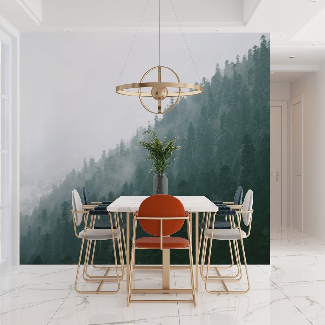 Dining room featuring pine forest mural wallpaper with modern furniture and gold pendant light