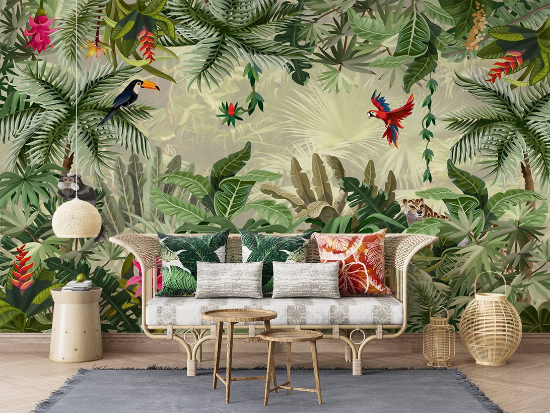Tropical jungle mural wallpaper with exotic birds in living room setting with rattan furniture