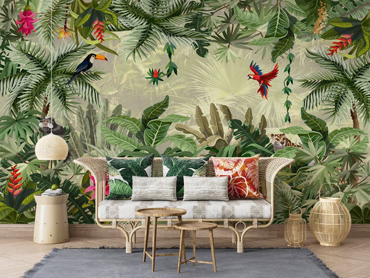 Tropical jungle mural wallpaper with exotic birds in living room setting with rattan furniture