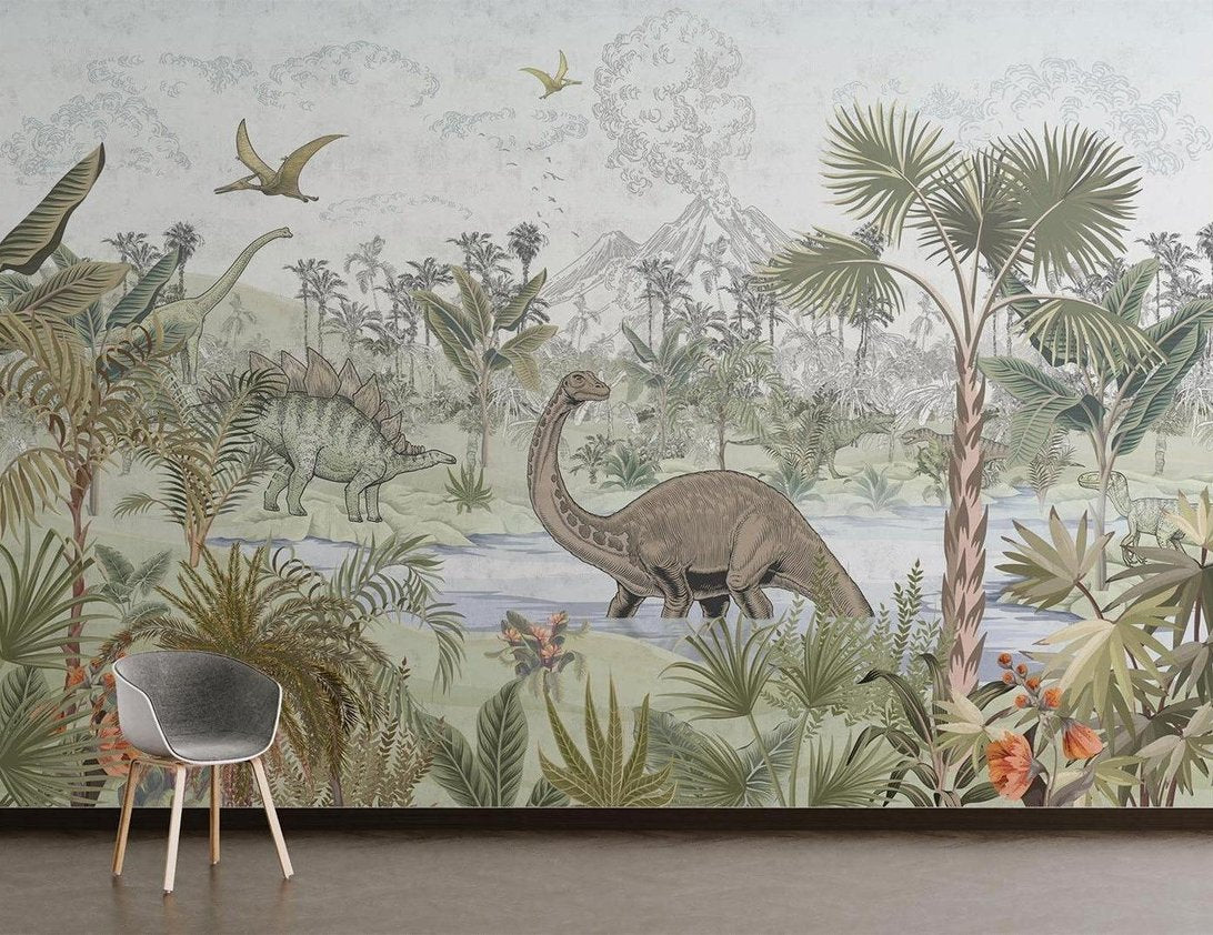 Large-scale dinosaur wall mural showing detailed prehistoric landscape with volcanic background