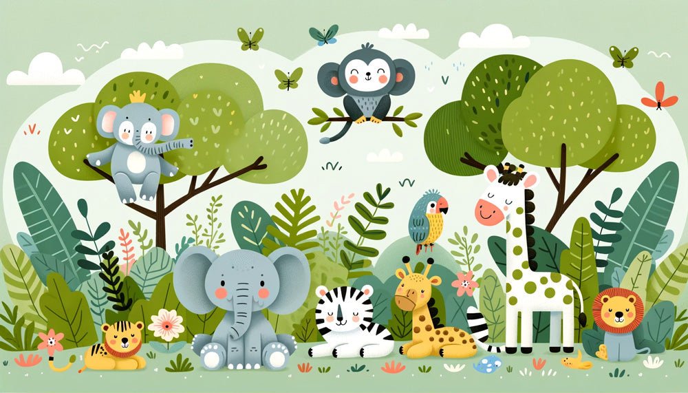Cute jungle animals mural wallpaper design with elephant, monkey, giraffe, and other safari creatures in pastel colors