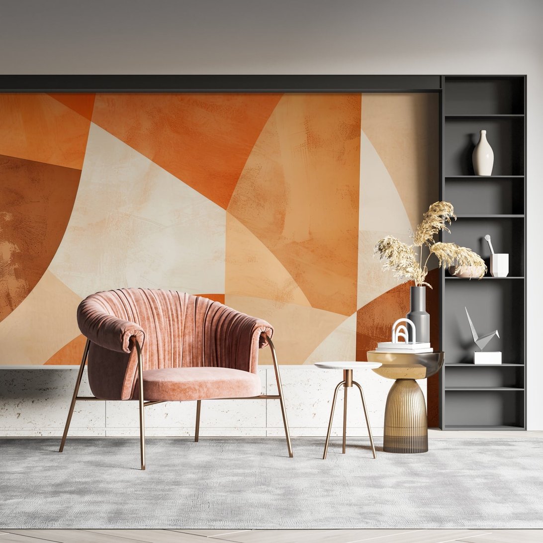 Contemporary curved pattern wallpaper design in terracotta and beige tones