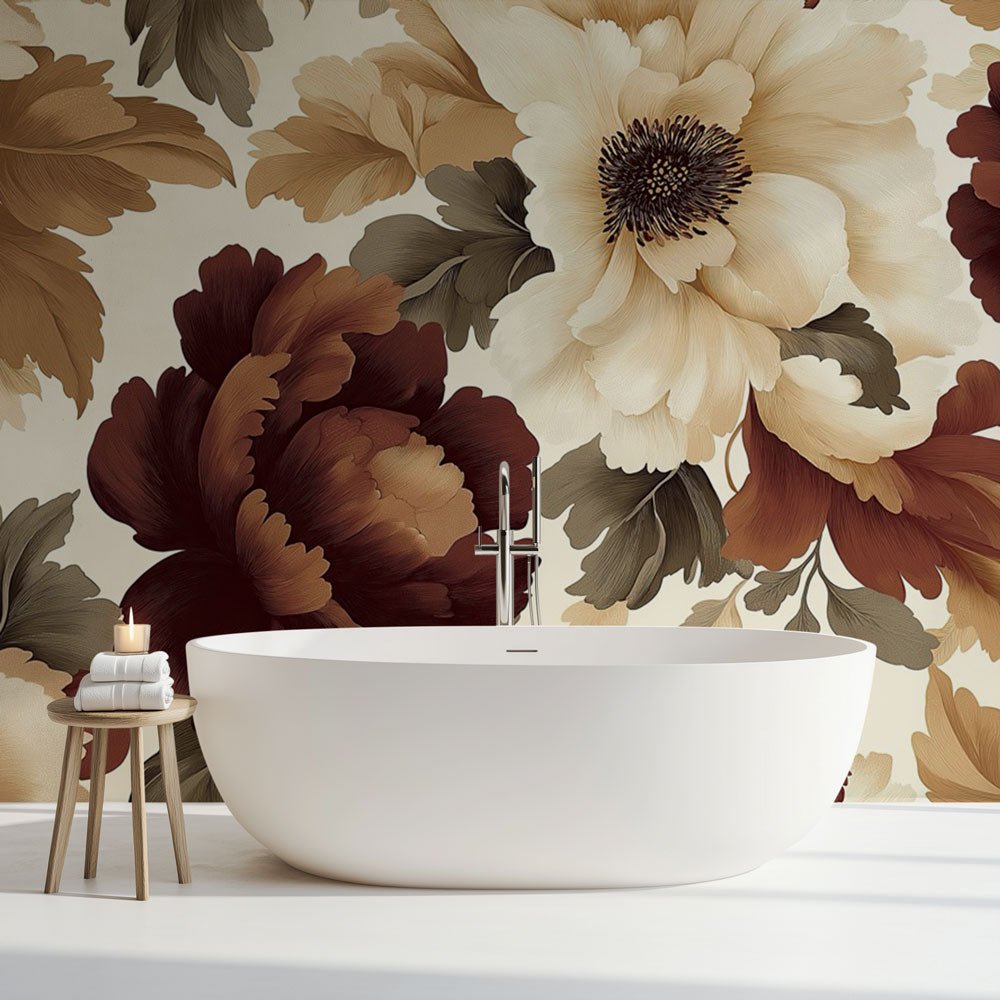 Vintage floral mural wallpaper with burgundy and cream blooms in modern bathroom setting with freestanding bathtub
