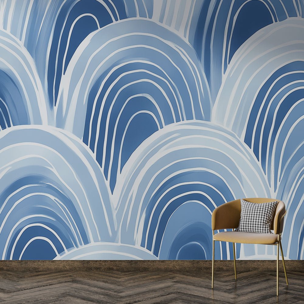 Art Deco geometric arches mural wallpaper in blue and white with modern furniture setting
