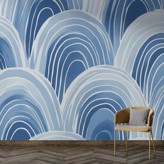 Art Deco geometric arches mural wallpaper in blue and white with modern furniture setting