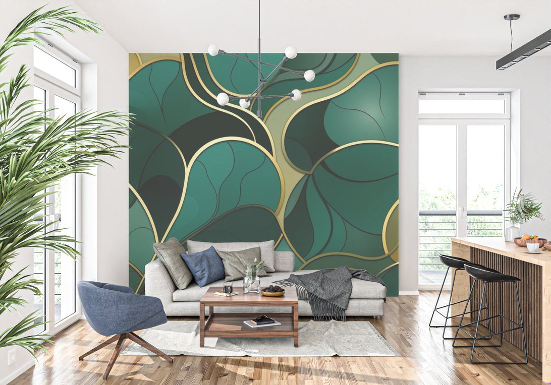 Emerald green and gold geometric leaf pattern mural wallpaper in bright living room