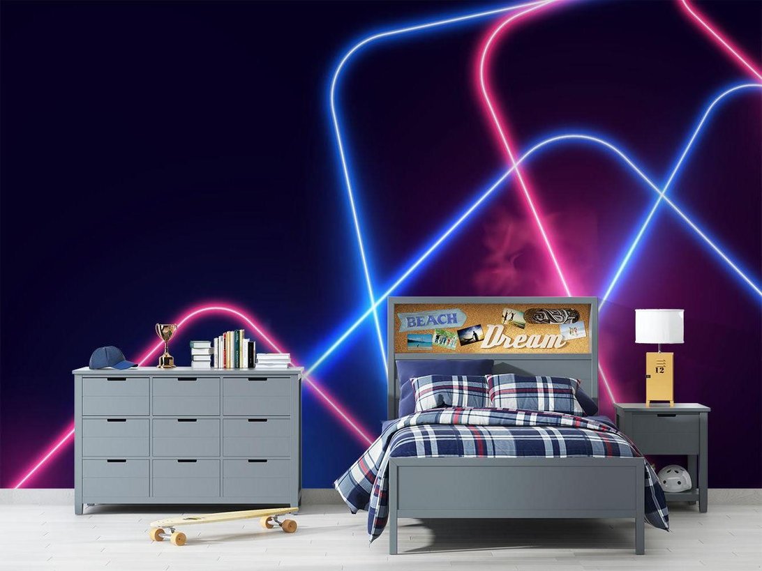Teen bedroom with geometric neon mural wallpaper and modern gray furniture