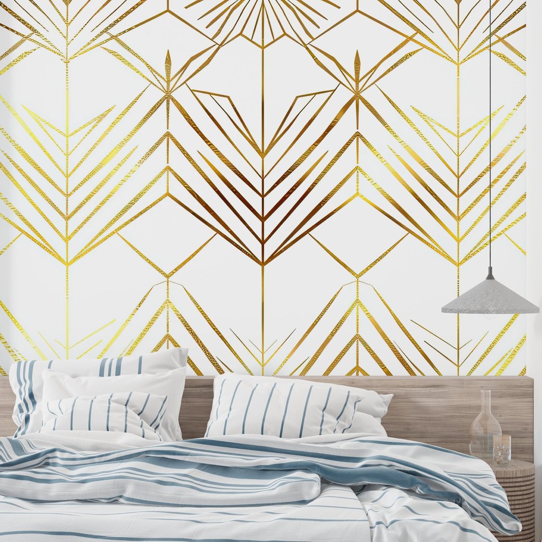 Close-up of Art Deco geometric pattern with metallic gold finish on white background
